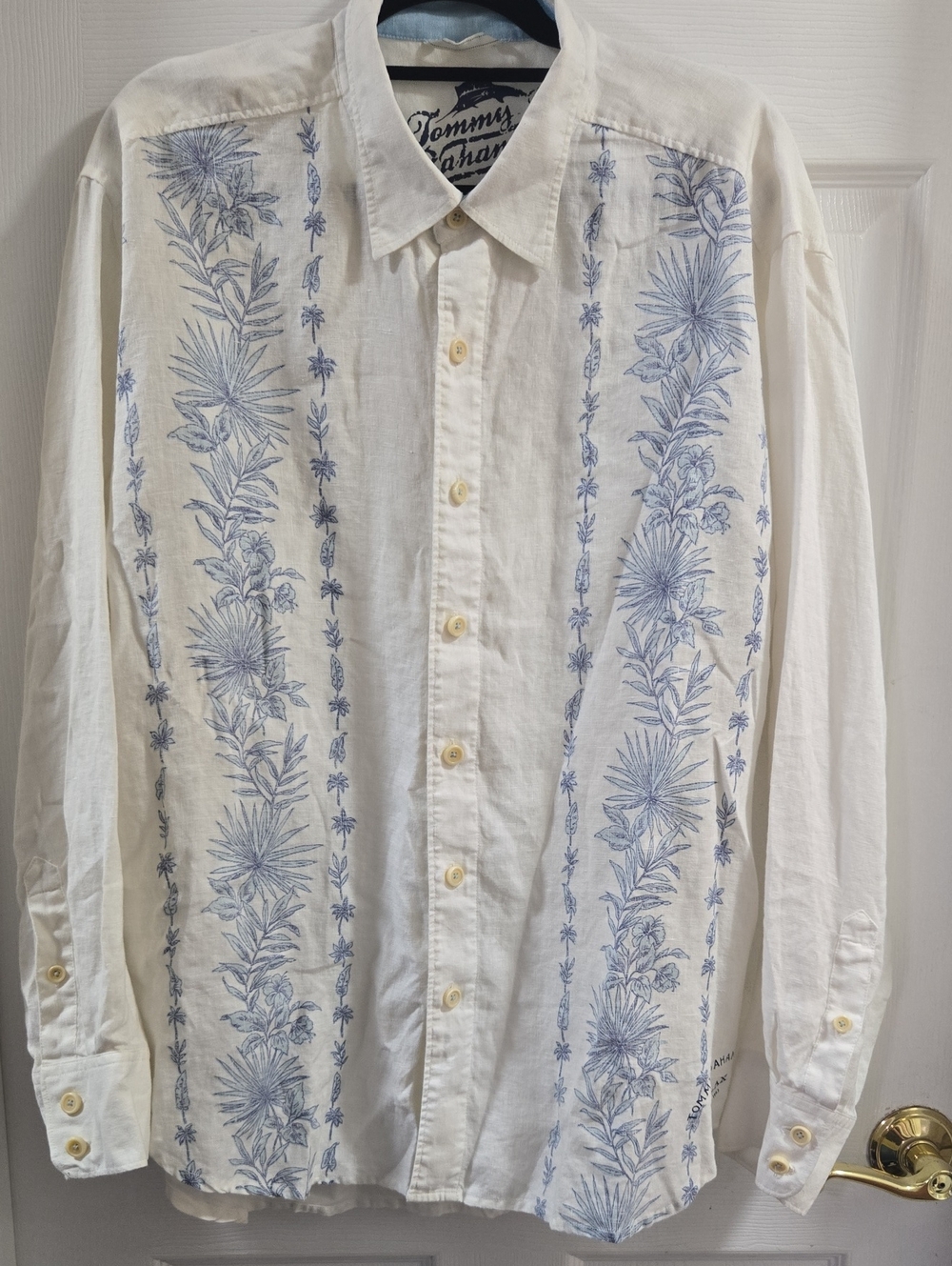 Tommy Bahama 100% Linen White Button-Down Shirt with Light Blue Floral Stripe